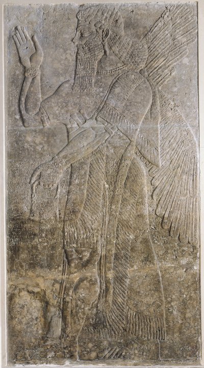 Relief, das einen geflügelten Genie darstellt, aus dem Palast in Nimrud (Kalah) von Assyrian